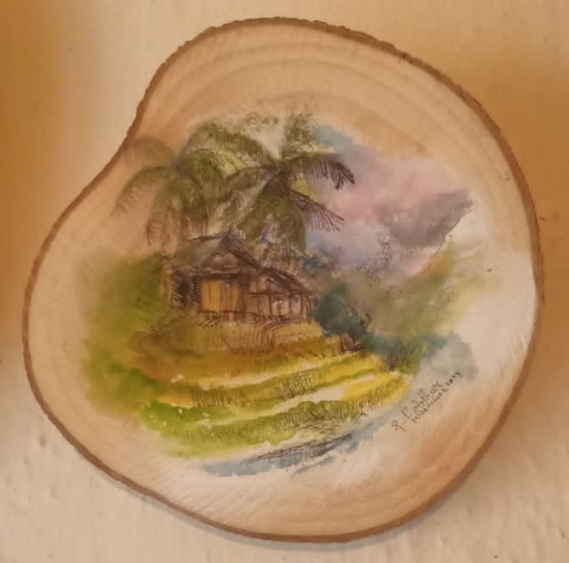 Paysage côtier. Sur Bois. Diamètre 20 cm